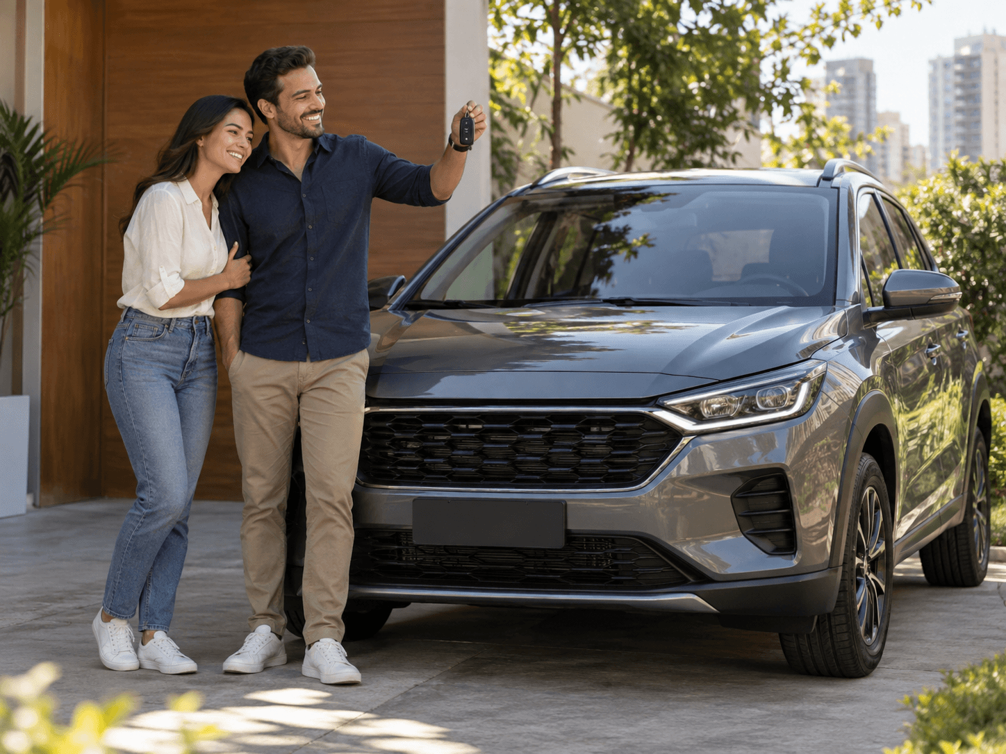 Casal junto a um automóvel moderno