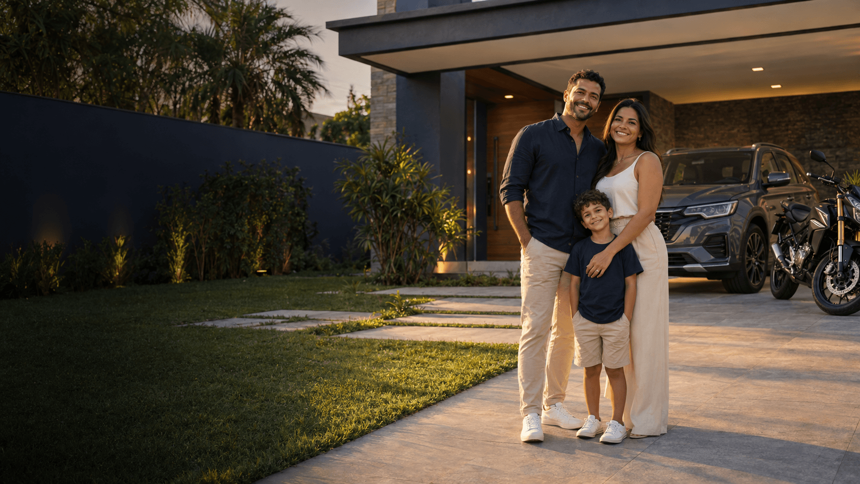 Família diante de uma casa, com automóvel e motocicleta
